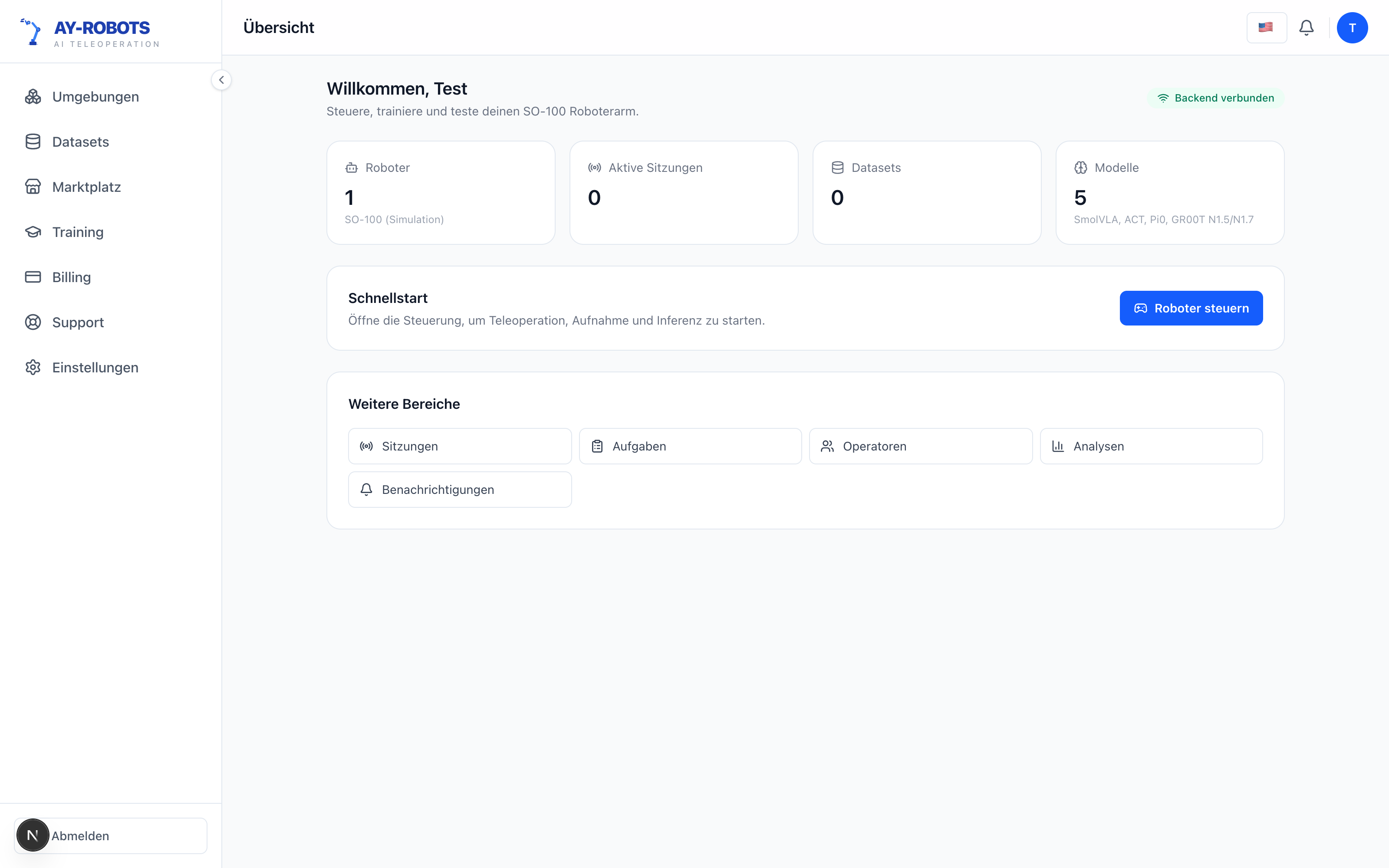 AY-Robots client dashboard with robots, datasets and training runs