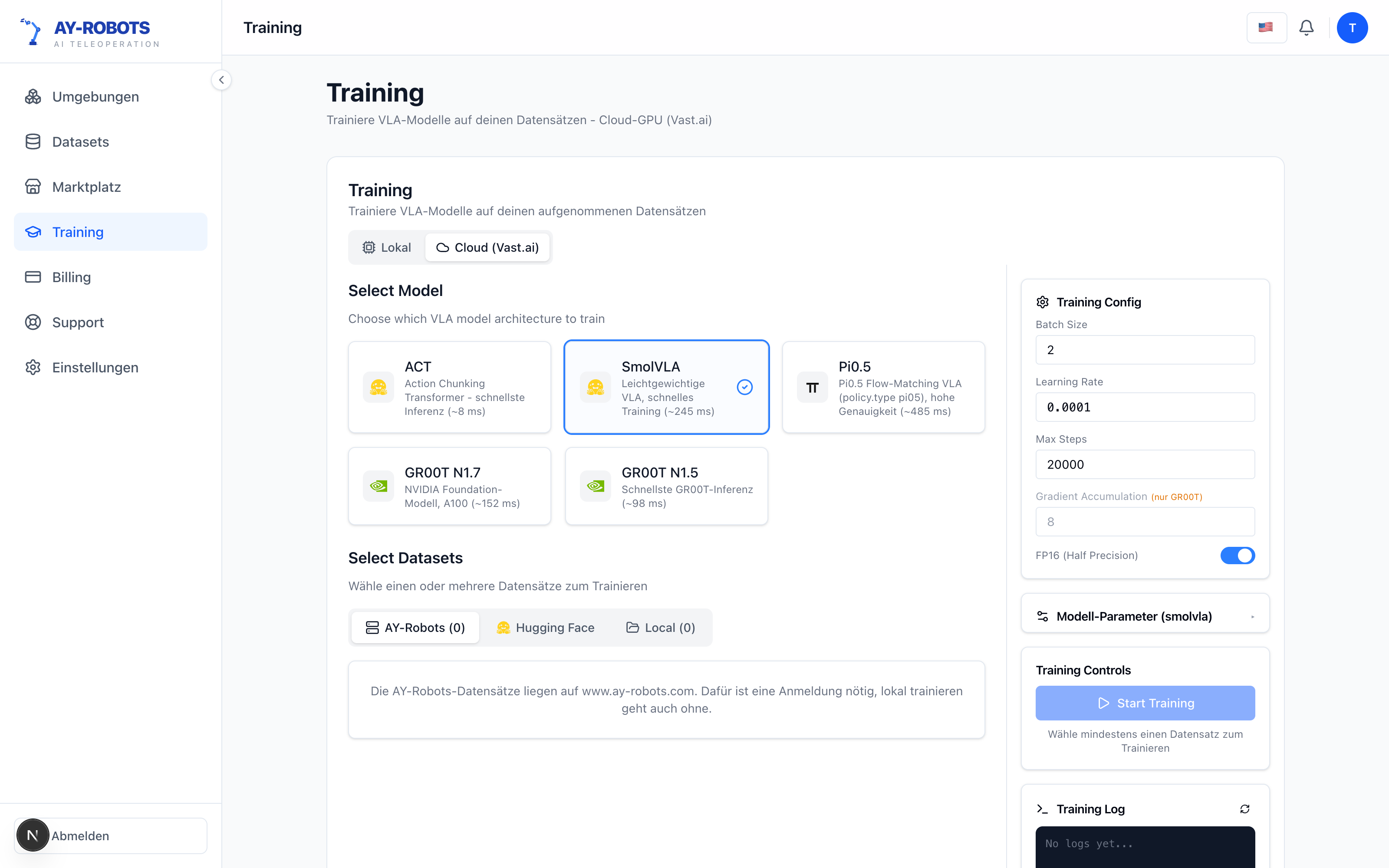 Training run page with loss chart and GPU telemetry